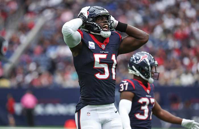 Texans defensive end Will Anderson Jr. reacts after a play during the third quarter against the New Orleans Saints at NRG Stadium.